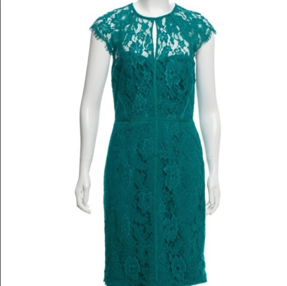 Monique L'Huillier| Green Lace Dress over Strapless Bustier Slip Back Zippered - Picture 1 of 16